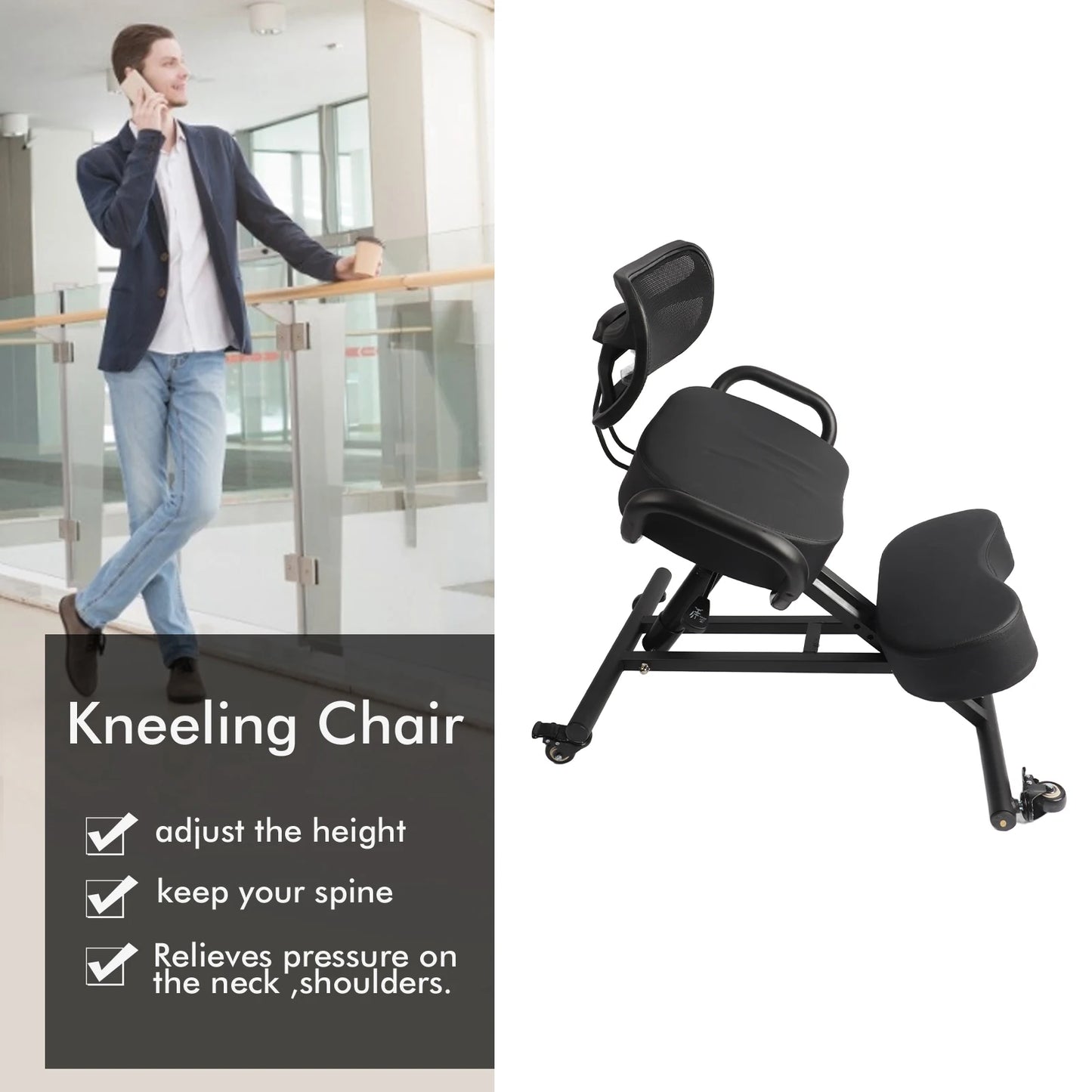 Height Adjustable Ergonomic Breathable Back Support Kneeling Chair with Leather Cushion Kneeling Chair Orthopaedic Stool